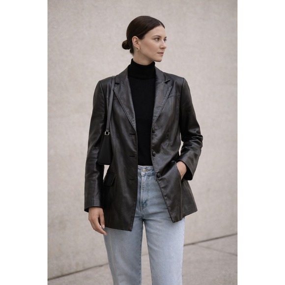 Wilsons Leather Jackets & Blazers - Wilsons Black Leather Y2K Blazer 90s Minimalist City Luxe Chic Jacket Sz L Coat